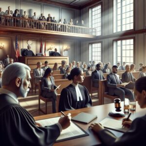 Courtroom trial illustration concept.