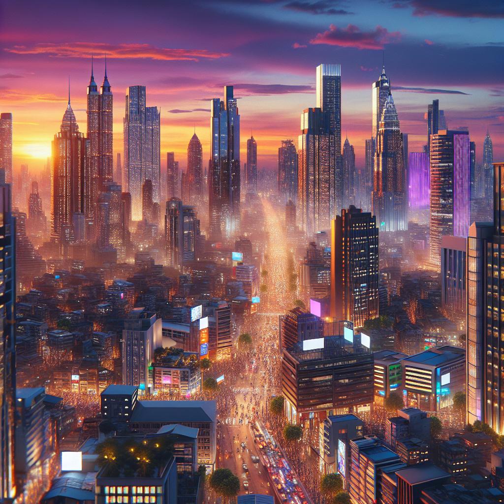 vibrant cityscape at dusk