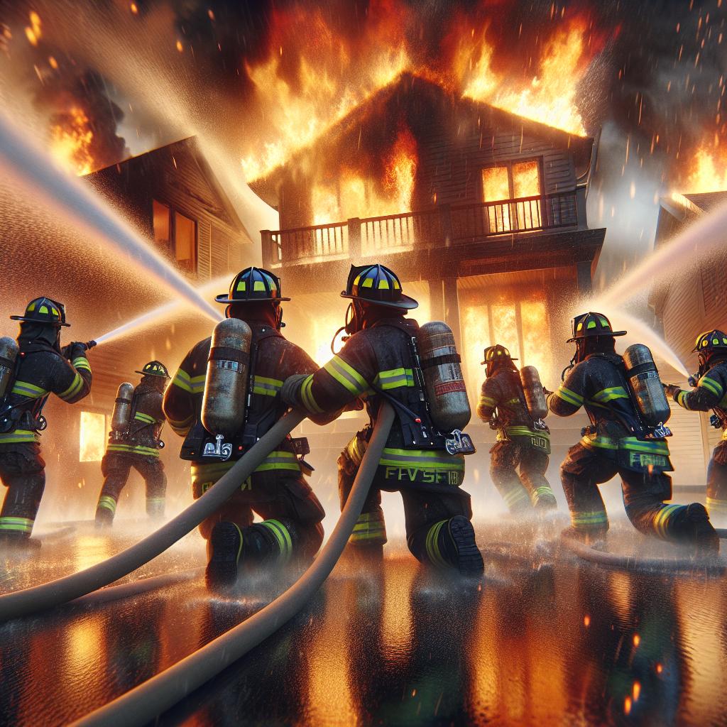 Firefighters battling blazing homes.