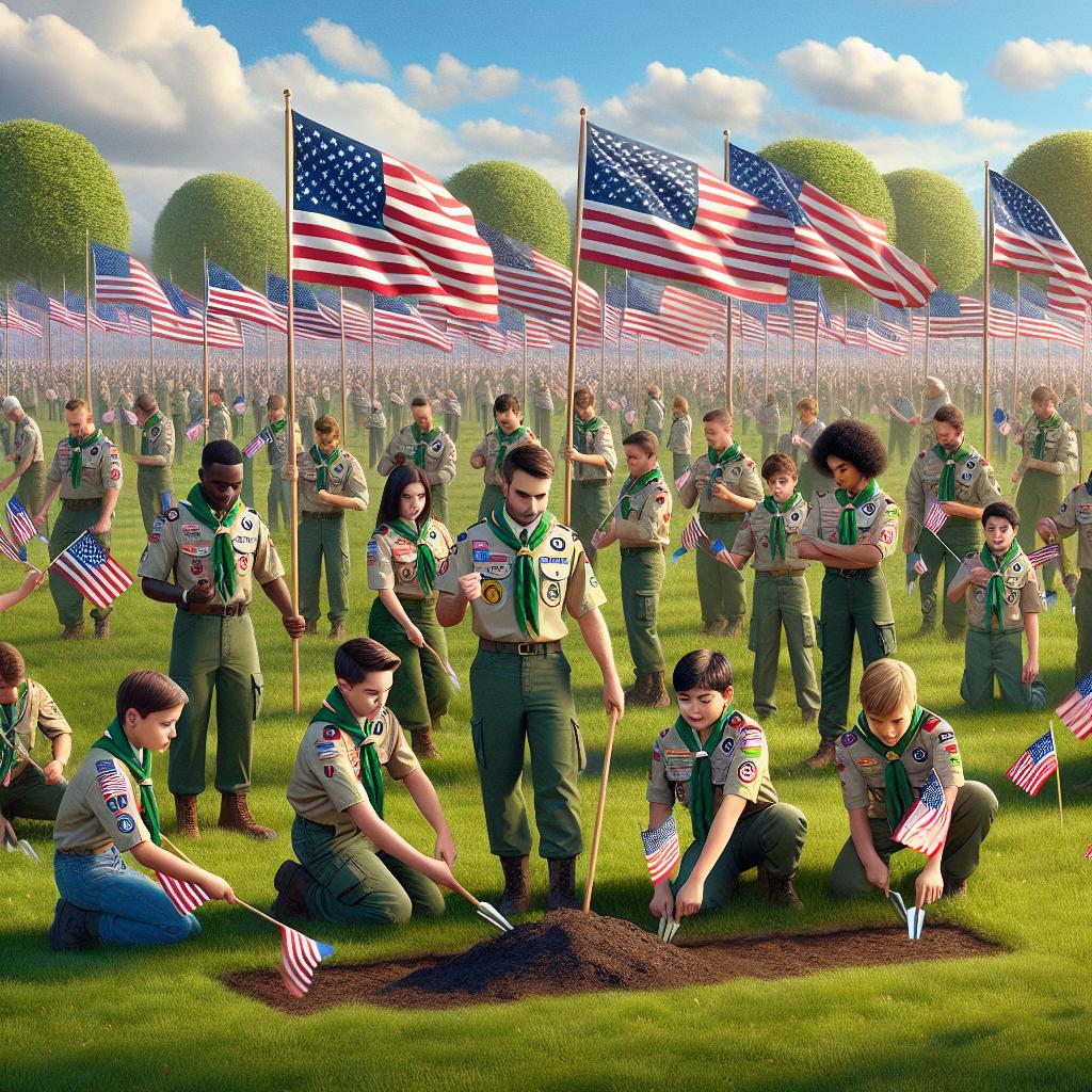 "Patriotic scouts planting flags"