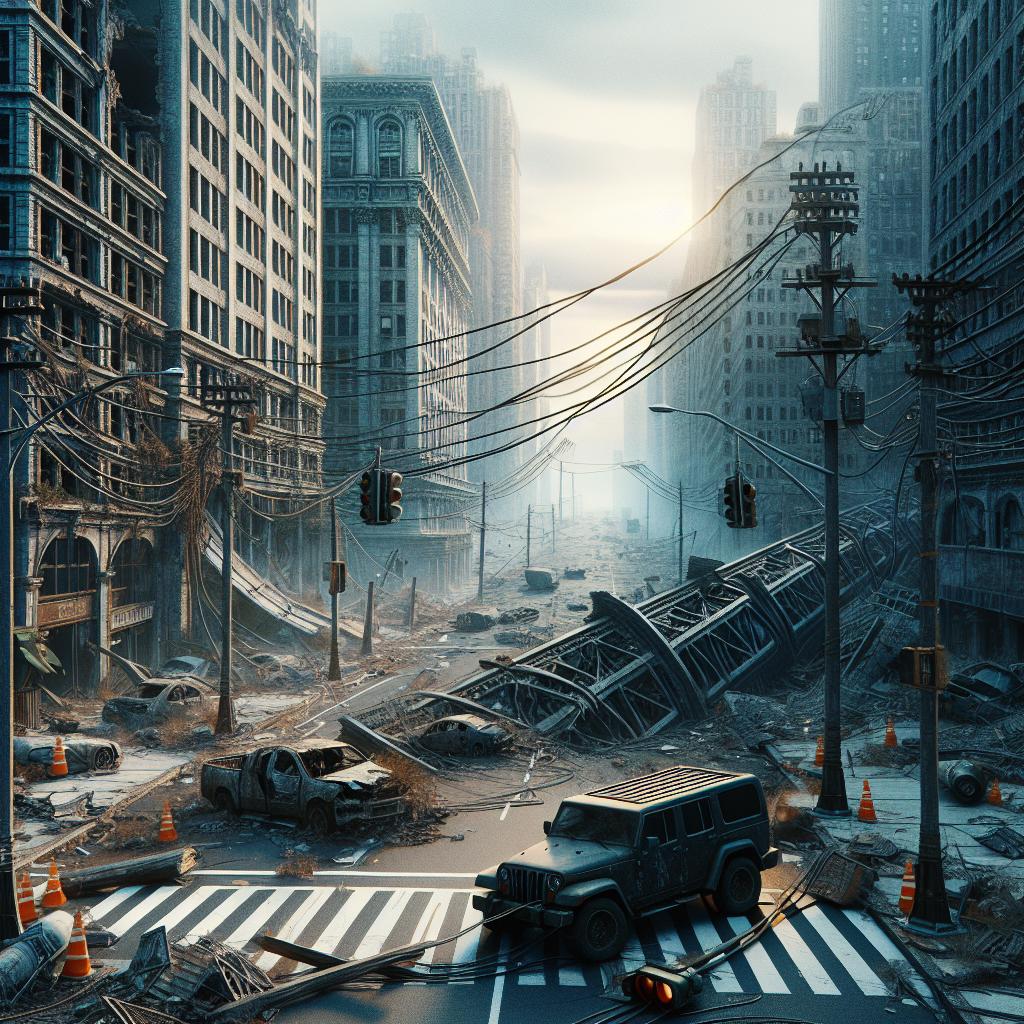 City infrastructure collapse illustration.