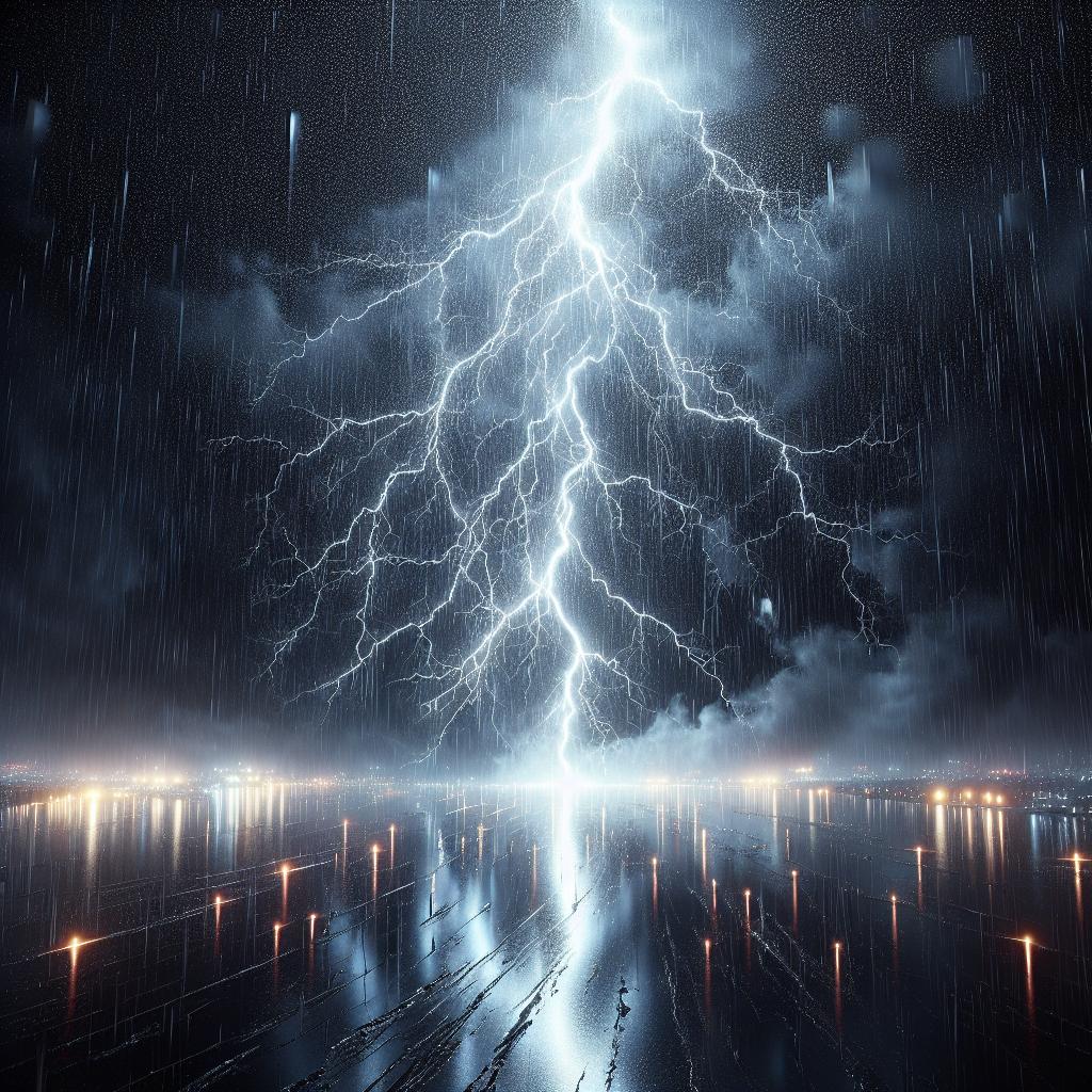 Rainy night lightning strike