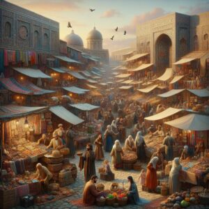 Vibrant artisan market scene.