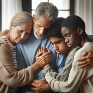 Grieving family embraces together.