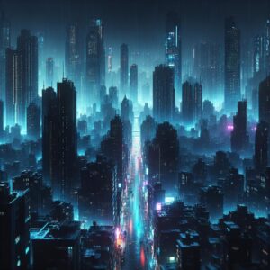 City in digital darkness.