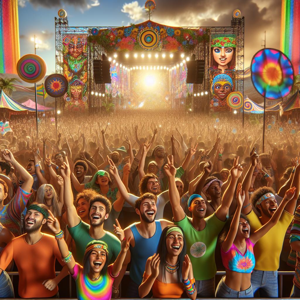 Colorful music festival crowd.