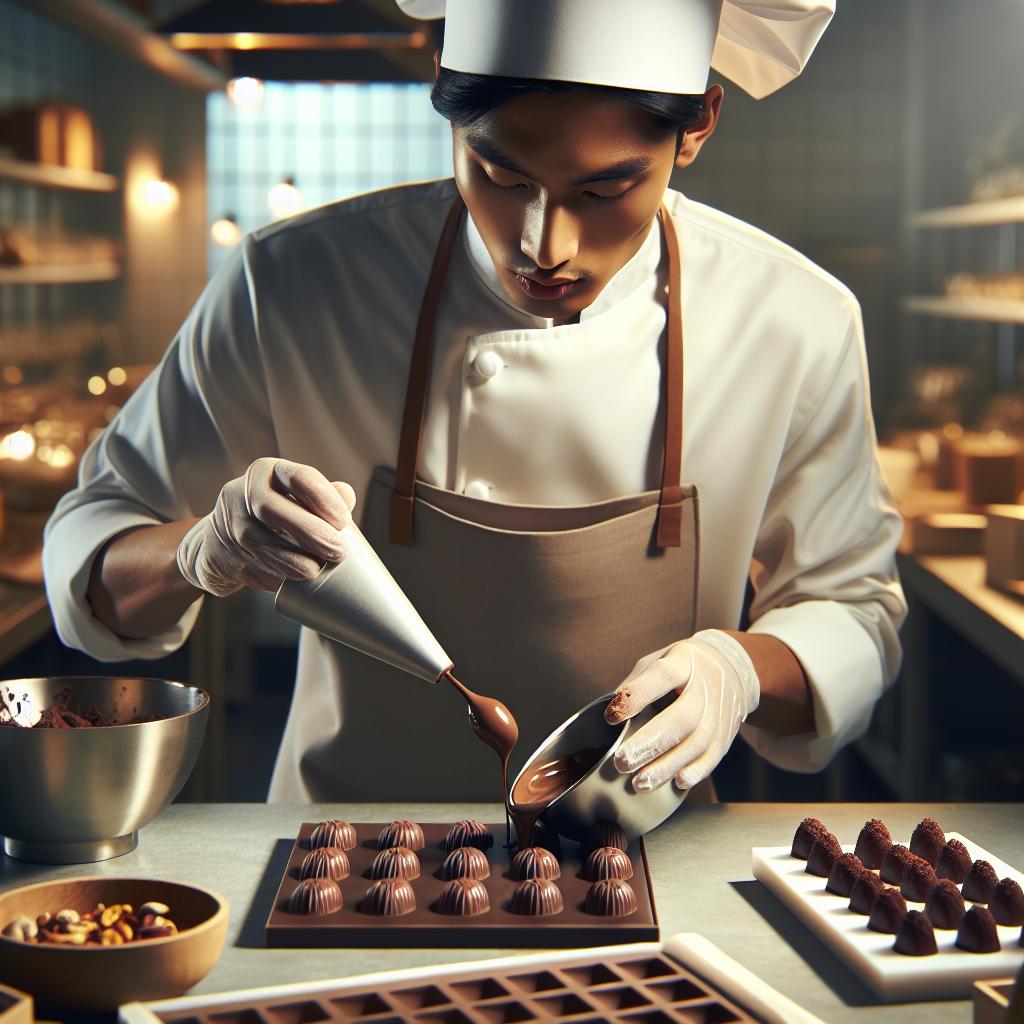 Pastry chef making chocolates.