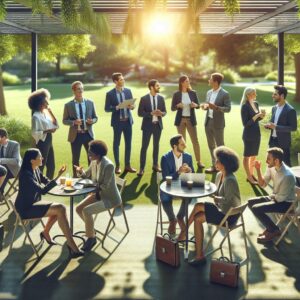 Tech executives networking outdoors.