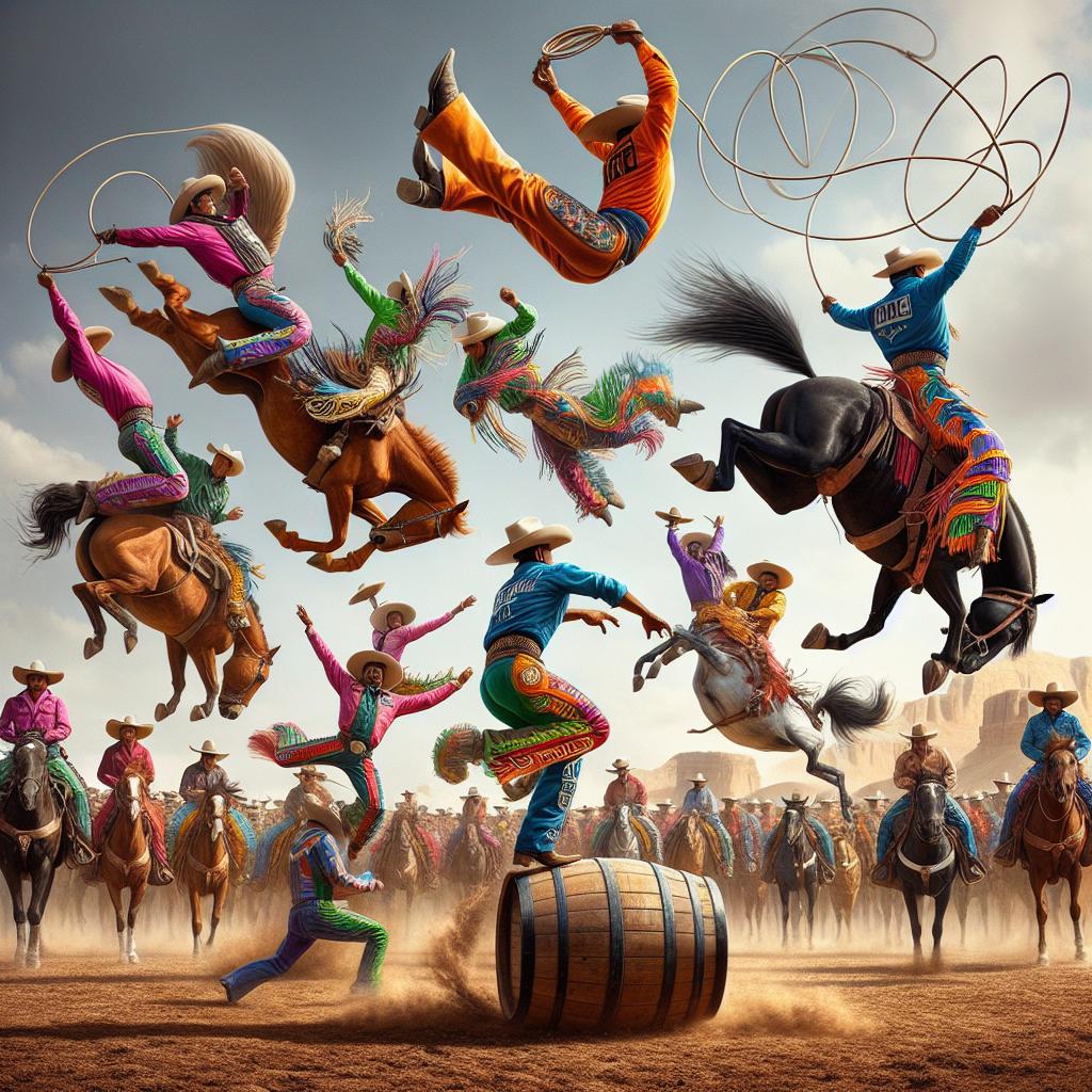 Colorful cowboys acrobatics performance.