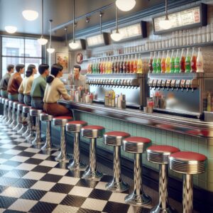 Nostalgic soda shop counters.