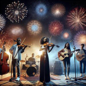 Musicians with fireworks backdrop.