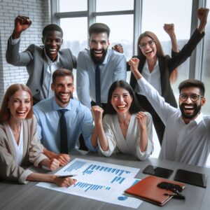 "Diverse professionals celebrating success"