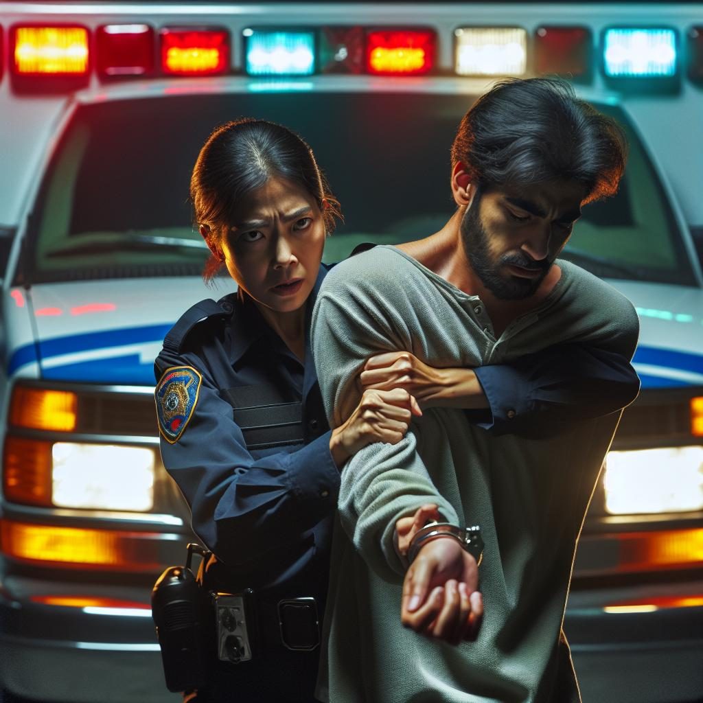 Policeman arresting stolen ambulance.