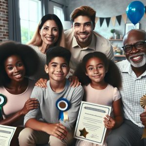 Hopeful family celebrating achievement.