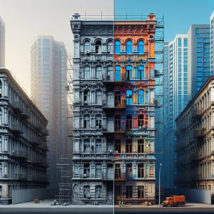 Urban facades before-after transformation.