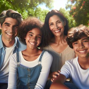 Happy family portrait outdoors.