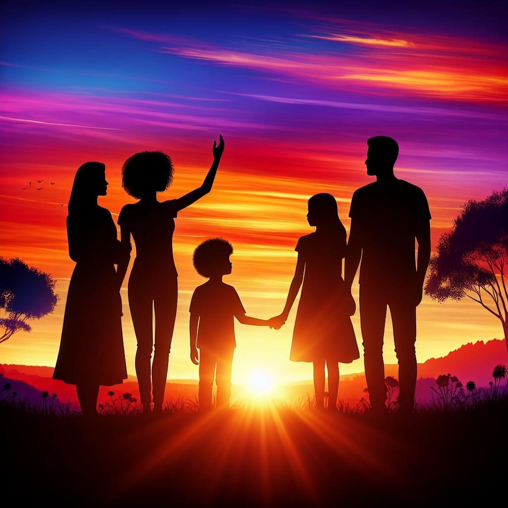 "Family portrait silhouette sunset"