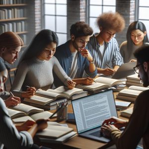 Diverse group studying together.