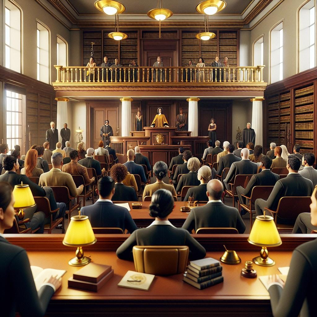 Legal courtroom scene illustration.