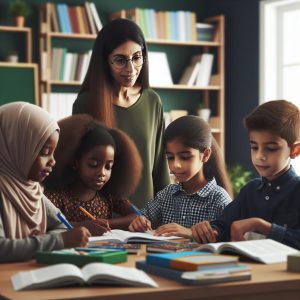 Children studying with tutor.