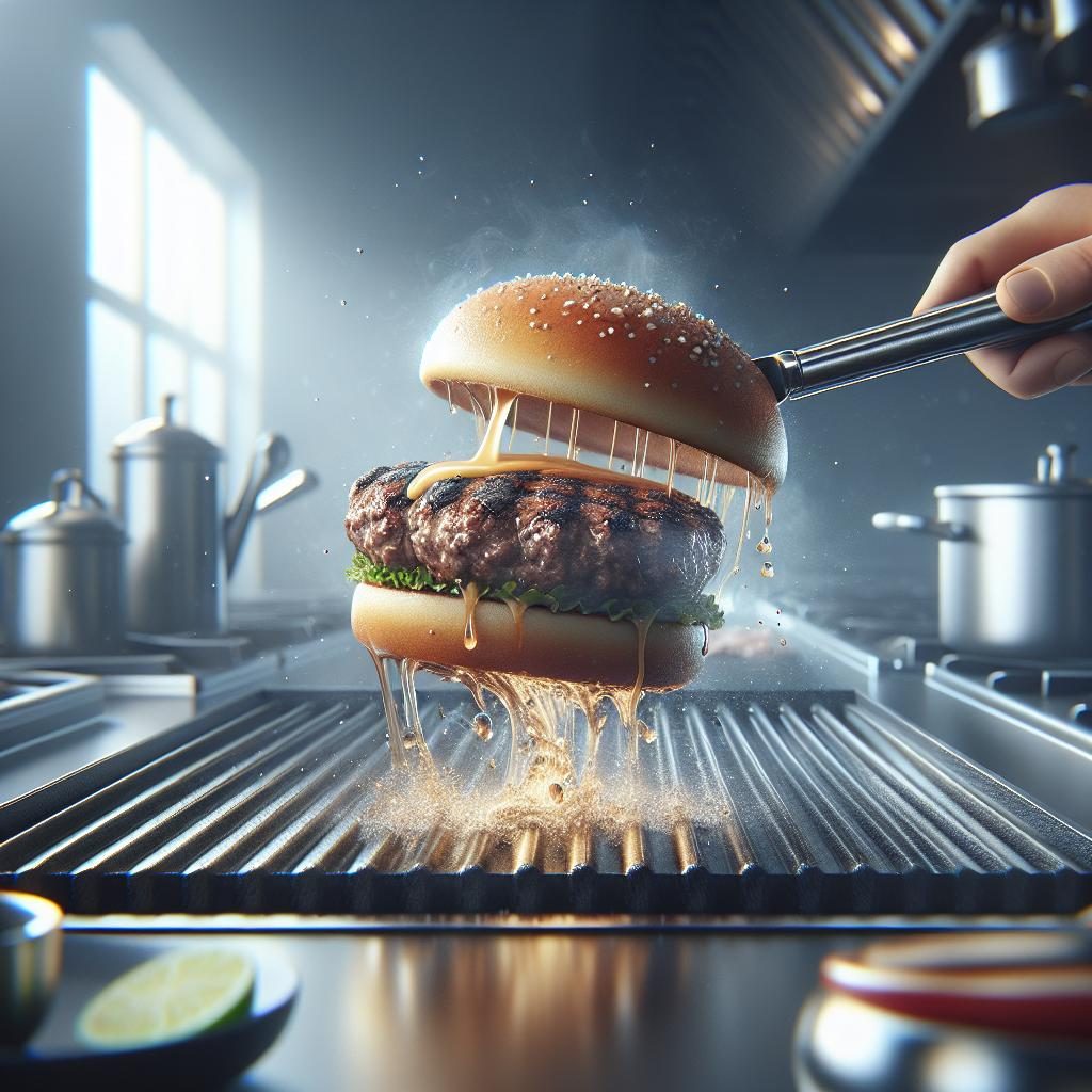 Burger flipping in kitchen.