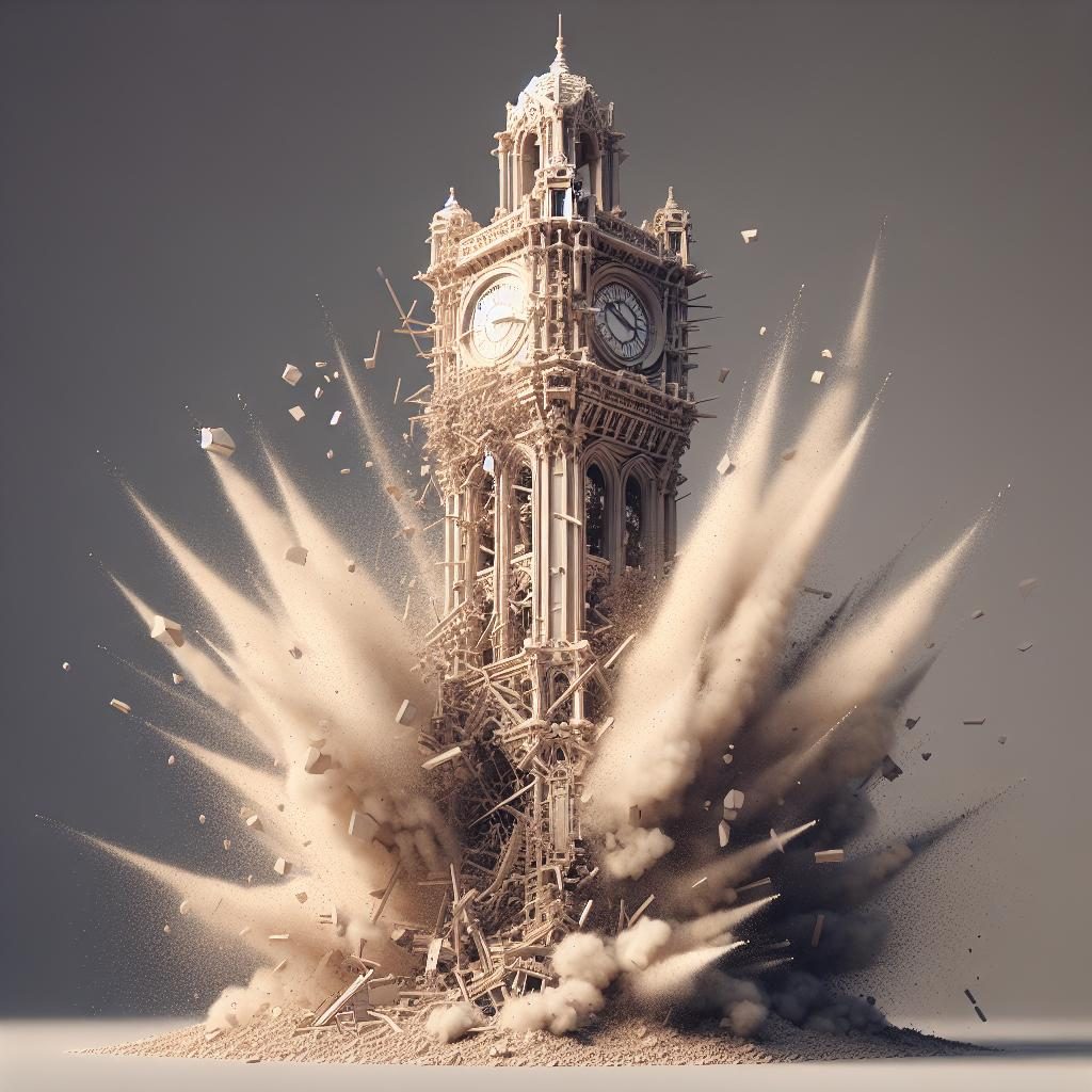 Brittle clock tower collapsing.