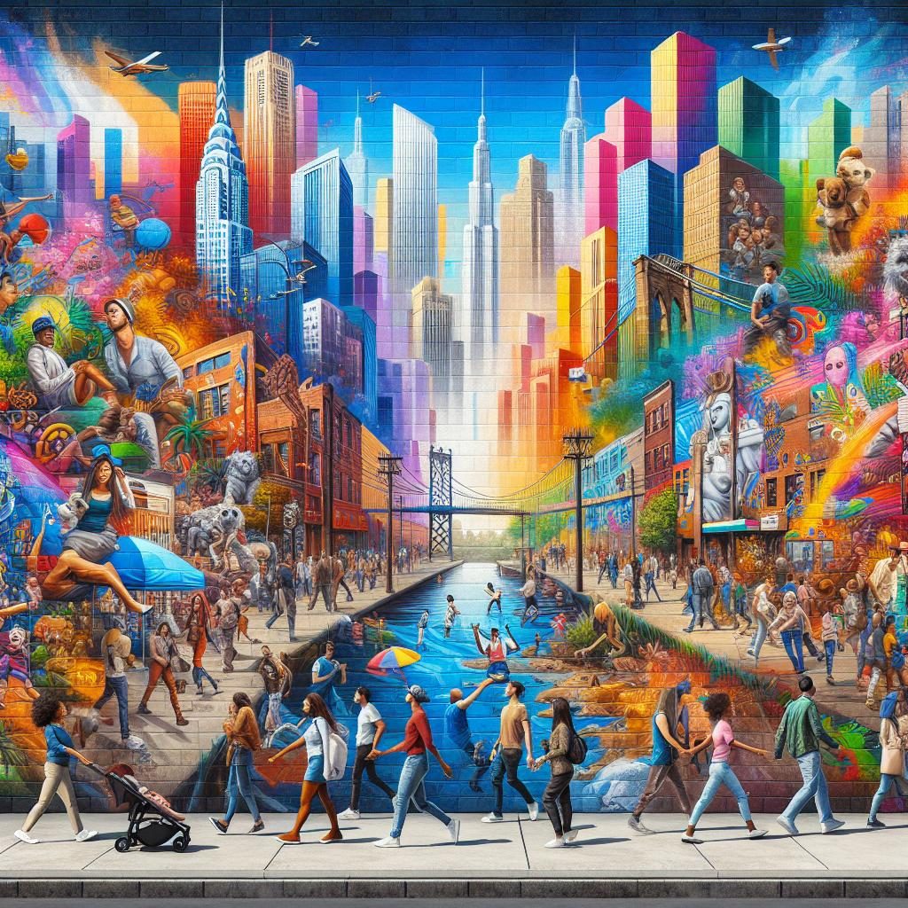 Colorful urban mural cityscape.