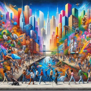 Colorful urban mural cityscape.