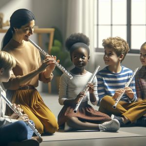 Flutist teaching young students.