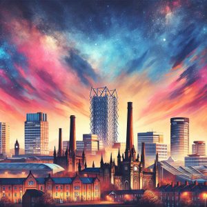 Birmingham cityscape mural art.