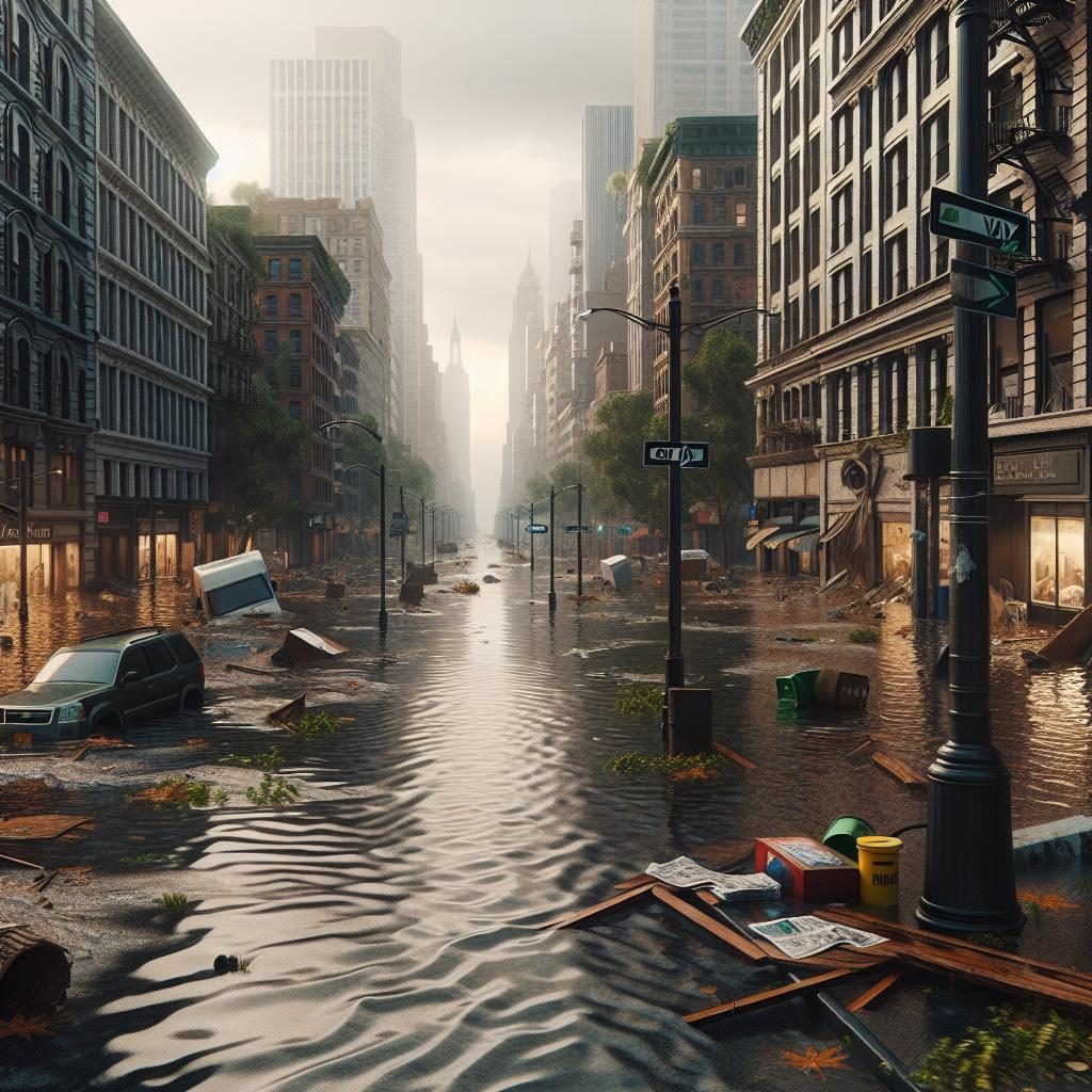 Flooded city street aftermath.