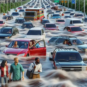 Traffic jam floodwaters