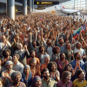 Cheering crowd at airport