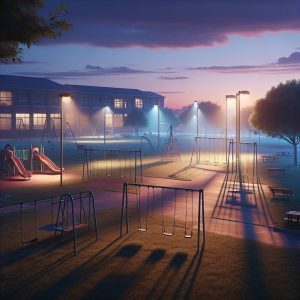 Empty school grounds at dusk