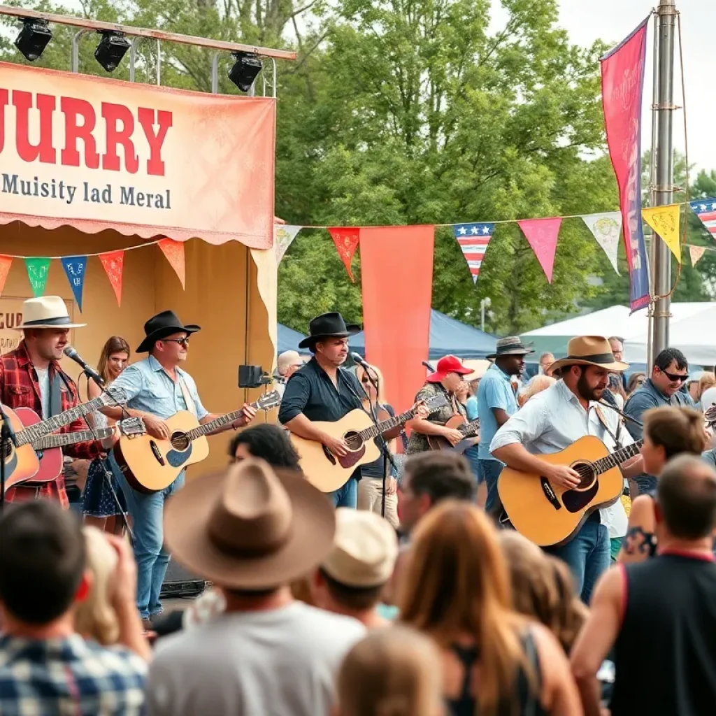 A lively music festival scene with diverse artists performing.