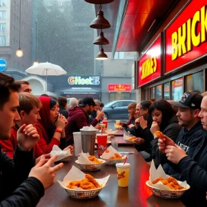 Fans enjoying local cuisine at a restaurant during the Birmingham Bowl.