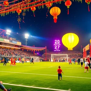 Celebration scene of the Birmingham Bowl and New Year festivities at the zoo, depicting a lively crowd and decorations.