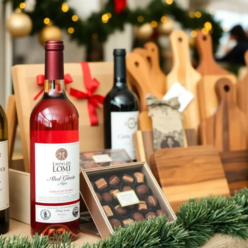 Display of holiday food gifts from Birmingham including wine, chocolates, and cutting boards