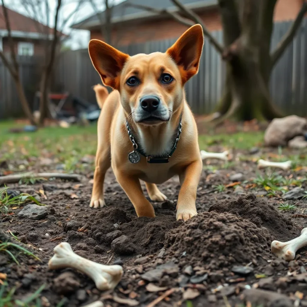 A dog digging in a backyard in Birmingham, with vague shapes of bones nearby