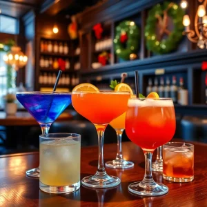 A collection of festive cocktails served in a cozy Birmingham bar