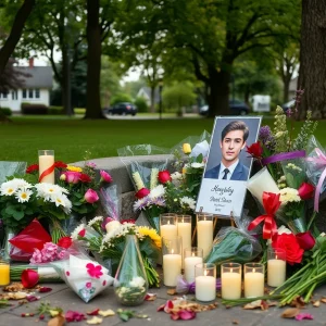 Memorial setup with flowers and candles in honor of Hudson Meek