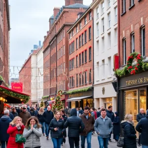 People enjoying New Year's Day festivities in Birmingham with restaurants and decorations.