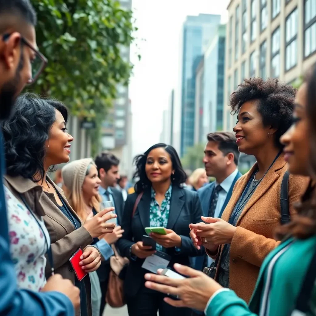 Diverse professionals networking at a community event in a city