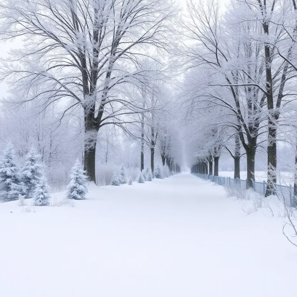 Winter landscape illustrating an Arctic outbreak with snow-covered trees and a frigid environment.