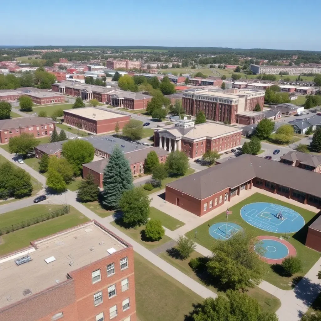 Aerial view of Birmingham City Schools showing playgrounds and buildings.