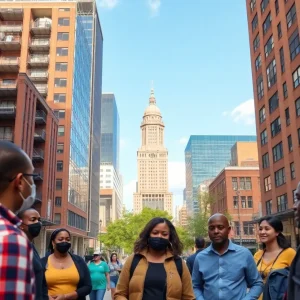 A cityscape view of Birmingham, Alabama with community members engaged in discussion.