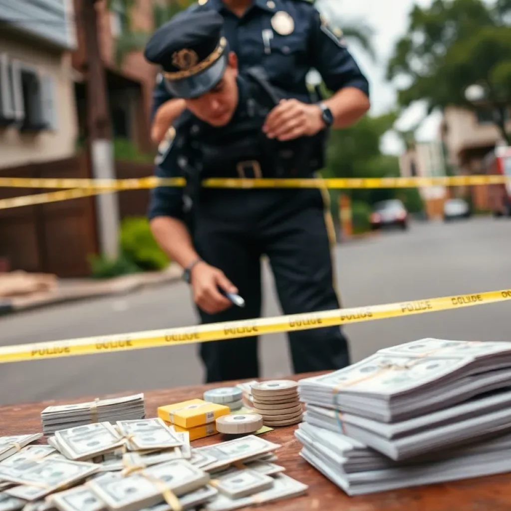 Police examining evidence at a crime scene with drugs and cash