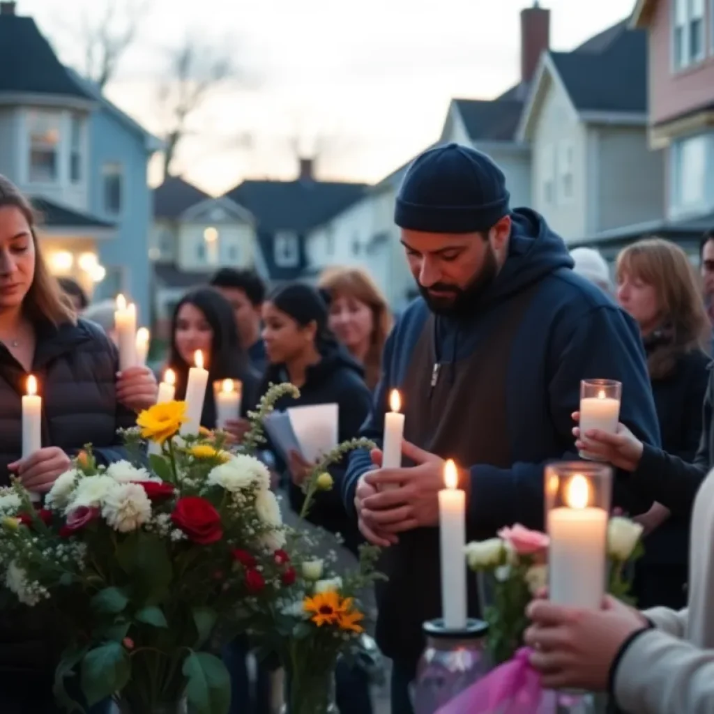 Community members holding candles in a vigil for the deliveryman