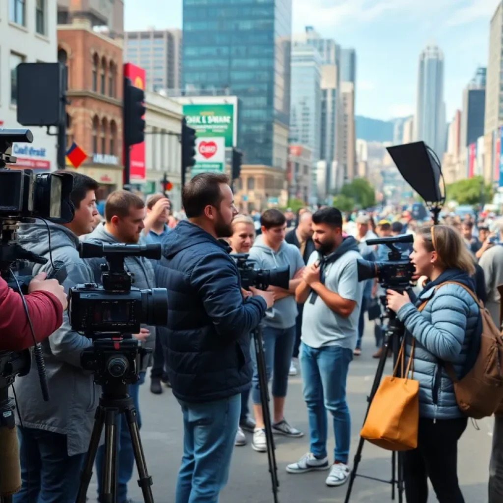 Filmmaking set in Birmingham with crew and camera equipment