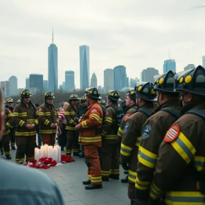 Firefighters mourning at a memorial ceremony in Birmingham